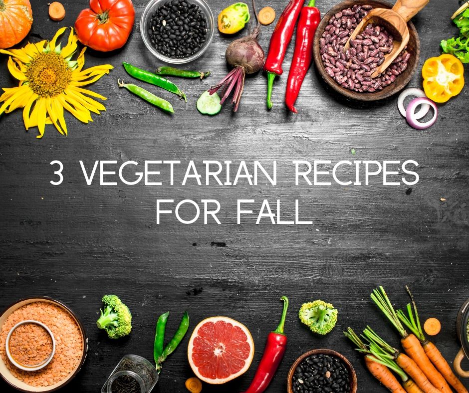 3 vegetarian fall recipes with surrounding vegetables and fruits