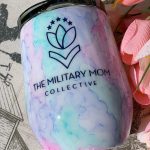 A beautiful watercolor wine tumbler with The Military Mom Collective logo