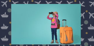 kid with suitcase and binoculars