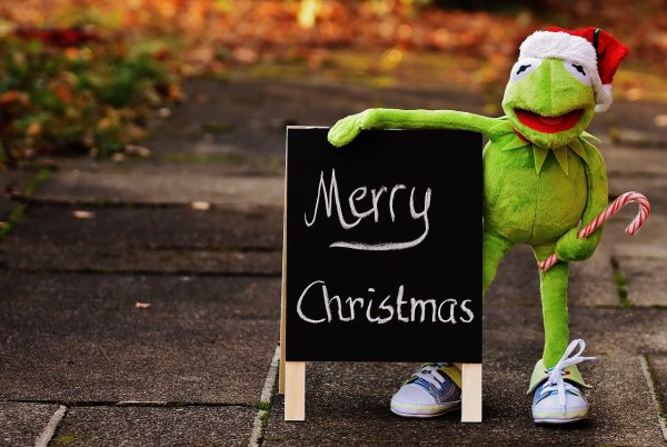 Kermit the Frog with Santa hat in front of sign
