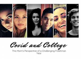 many young adult faces on white background with "Covid and College: This Mom's Perspective of a Challenging Freshman Year"