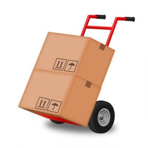 moving boxes and hand cart