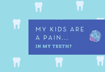 teeth floating on a pale blue background with darker blue box, "My Kids are a Pain...In My Teeth?" in text and MMC logo