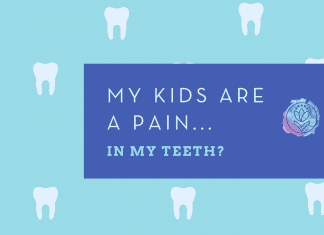 teeth floating on a pale blue background with darker blue box, "My Kids are a Pain...In My Teeth?" in text and MMC logo