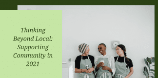women in aprons laughing with thinking beyond local: supporting community in 2021 text
