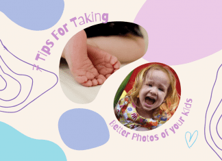 multicolor whimsical background with picture of baby feet and little girl with "7 Tips for Taking Better Photos of your Kids" in text