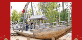 Picture of boat at Gathering Place Tulsa on red background with graphics of children playing