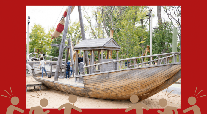 Picture of boat at Gathering Place Tulsa on red background with graphics of children playing