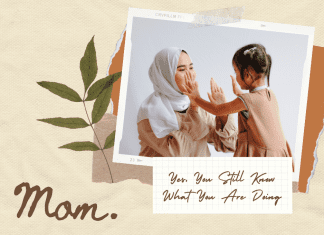 mother and child clapping hands with "mom" text on taupe background