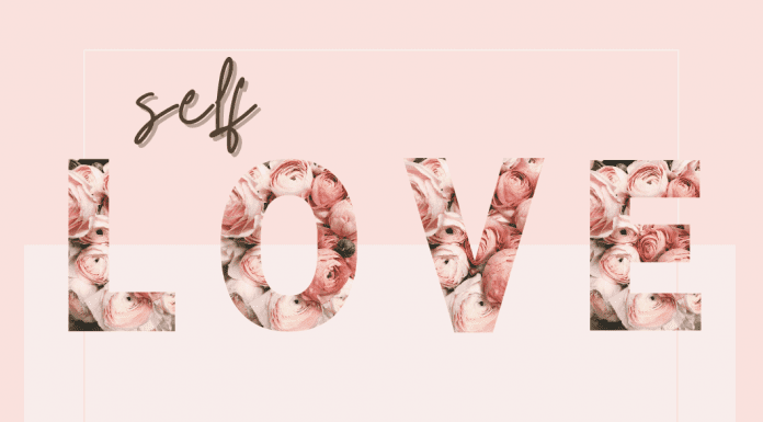 pink graphic with "self love" in brown and rose lettering