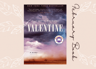 February book club Valentine by Elizabeth Wetmore on a blush background with white leaves