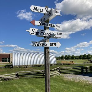 Signpost shows distance and directions to New York, Yonkers, San Francisco and Tokyo. Partial names are seen for other locations.