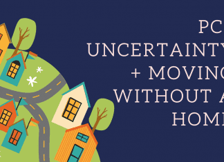 a graphic of homes and streets with "PCS Uncertainty + Moving Without A Home"