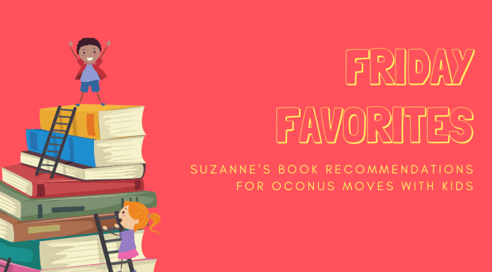 stack of book with child on top with "Friday Favorites: Suzanne's Book Recommendations for OCONUS Moves with Kids: