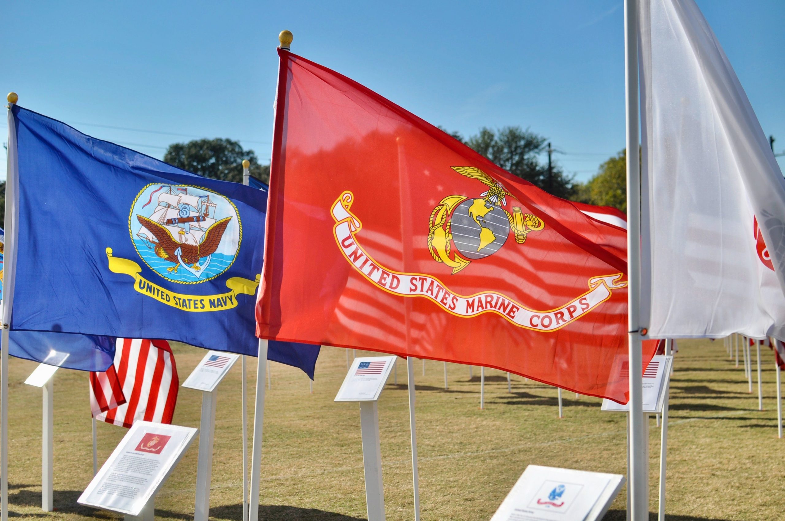 navy and marine corp flags on lawn