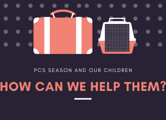 graphic with luggage and "PCS Season and our children, how can we help them? in text