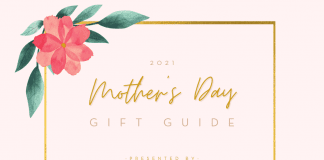 Pink graphic with floral accent with "2021 Mother's Day Gift Guide, presented by The Military Mom Collective"