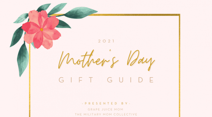 Pink graphic with floral accent with "2021 Mother's Day Gift Guide, presented by The Military Mom Collective"