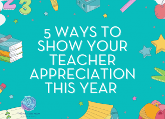 school supplies on a teal background with "5 Ways to Show Your Teacher Appreciation This Year" in text