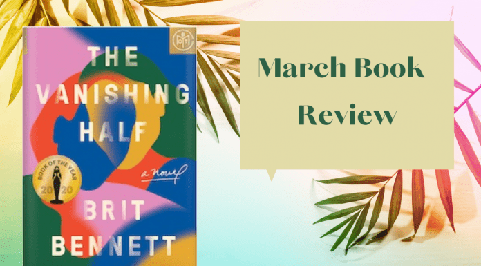 March Book Review graphic with palm leaves and The Vanishing Half by Brit Bennett