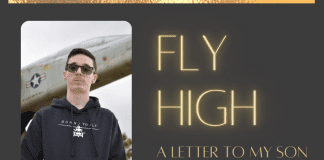 Fly High: A Letter to my Son on his Graduation on brown background with gold details and lettering