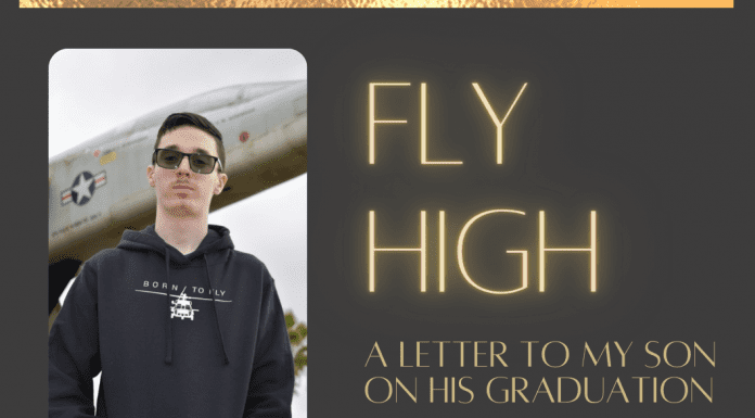 Fly High: A Letter to my Son on his Graduation on brown background with gold details and lettering