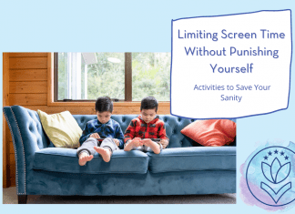 two boys on tablets on a blue couch, "Limiting Screen Time Without Punishing Yourself: Activities to Save Your Sanity" in text with MMC logo