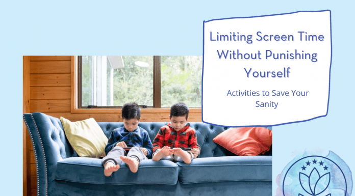 two boys on tablets on a blue couch, "Limiting Screen Time Without Punishing Yourself: Activities to Save Your Sanity" in text with MMC logo