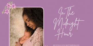 mother and baby on purple and floral background with "In the Midnight Hour, Musings on Motherhood"