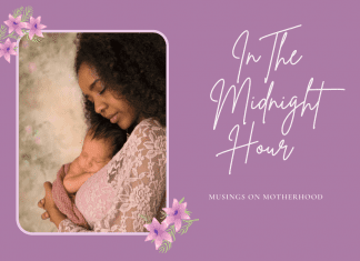 mother and baby on purple and floral background with "In the Midnight Hour, Musings on Motherhood"