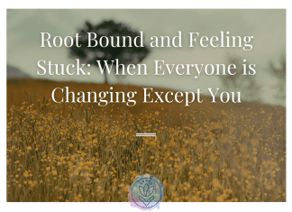 view of a field of flowers and trees with "Root Bound and Feeling Stuck: When Everyone is Changing Except You" in text and MMC logo