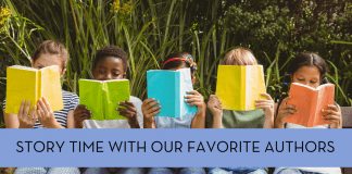 "Story time with our favorite authors" - five children of different races reading books in a row