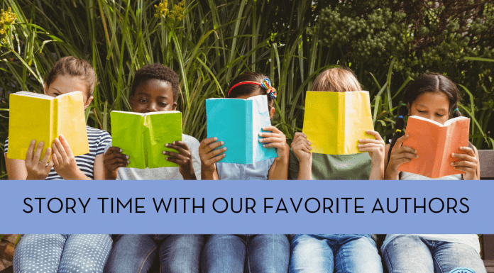 "Story time with our favorite authors" - five children of different races reading books in a row