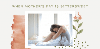 woman on bed in grief with delicate pink details and "when mother's day is bittersweet" in text
