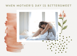 woman on bed in grief with delicate pink details and "when mother's day is bittersweet" in text