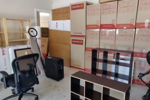 Wall of moving boxes in a home