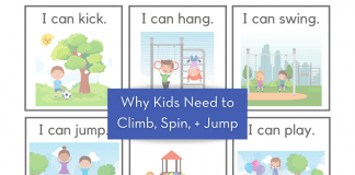kids cartoon drawings with various movements and "Why Kids Need to Climb, Spin, + Jump" in text