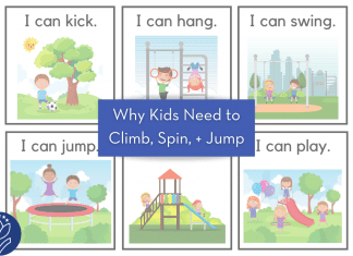 kids cartoon drawings with various movements and "Why Kids Need to Climb, Spin, + Jump" in text