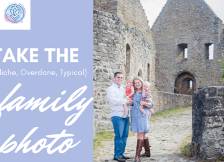 family photo in front of a castle with MMC logo and "Take the (Cliche, Overdone, Typical) Family Photo" in text