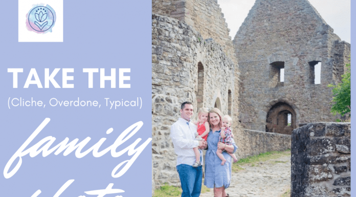 family photo in front of a castle with MMC logo and "Take the (Cliche, Overdone, Typical) Family Photo" in text
