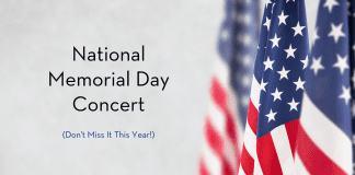 American flags with "National Memorial Day Concert, Don't Miss it This Year!" in text