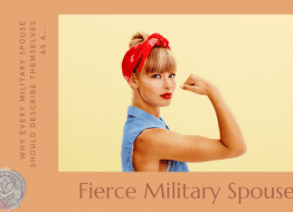 strong woman with denim shirt and bandana with "Why Every Spouse Should Describe Themselves as a Fierce Military Spouse" in text
