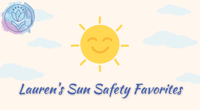 sun with blue clouds and MMC logo, "Lauren's Sun Safety Favorites" in text