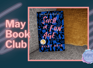 Navy background with pick lettering and Such a Fun Age book and MMC Book Club logo