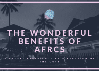 A resort location in shades of grey with MMC logo and "The Wonderful Benefits of AFRCs, A Resort Experience at a Fraction of the Cost" in text