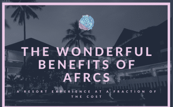 A resort location in shades of grey with MMC logo and "The Wonderful Benefits of AFRCs, A Resort Experience at a Fraction of the Cost" in text