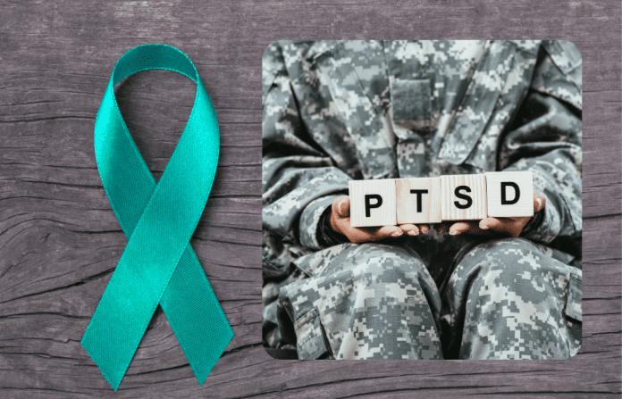teal ribbon on wood grain background with a soldier holding blocks spelling PTSD