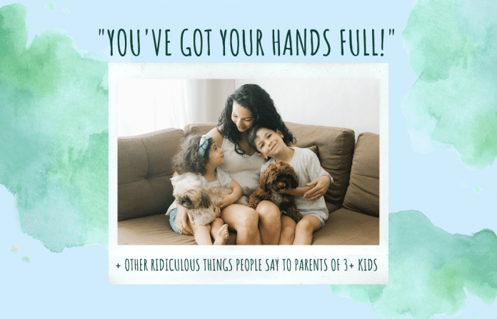 blue and green watercolor background with a mom with kids saying 