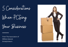 a woman in a business suit with moving boxes and "5 Considerations When PCSing Your Business From The Association of Military Spouse Entrepreneurs" in text