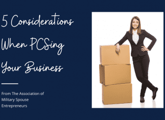 a woman in a business suit with moving boxes and "5 Considerations When PCSing Your Business From The Association of Military Spouse Entrepreneurs" in text